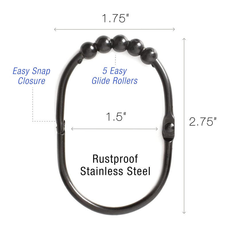 2 Lb. Depot Wide Shower Curtain Ring - Set of 12 Easy Glide and Rust-Proof Rollers - Stainless Steel Shower Curtain Hooks Black for Straight and Curved Rods - Decorative and Durable for Any Bathroom - Image 3